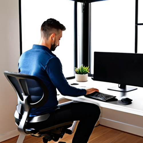 Home 4 **
A bright and modern home office setup. Focus on an adjustable height desk with a person working comfortably in a standing position. The desk is clean and organized with a laptop, monitor, and ergonomic accessories like a wrist rest and proper lighting. The chair is visible in the background, showcasing lumbar support and adjustability. The overall feel is healthy, productive, and stylish.
**