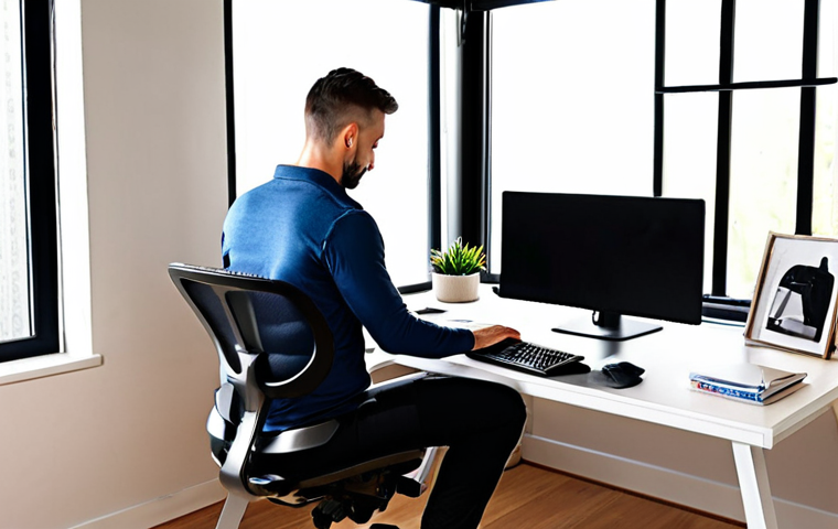 **
A bright and modern home office setup. Focus on an adjustable height desk with a person working comfortably in a standing position. The desk is clean and organized with a laptop, monitor, and ergonomic accessories like a wrist rest and proper lighting. The chair is visible in the background, showcasing lumbar support and adjustability. The overall feel is healthy, productive, and stylish.
**